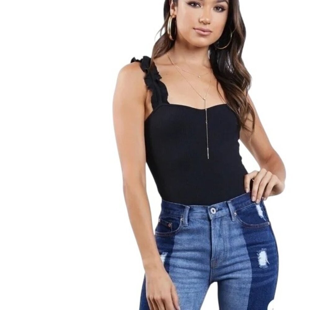 ALYA Ribbed Ruffled Straps Black Bodysuit - Size Large